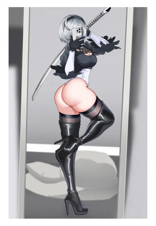 2B's mirror selfie to motivate 9S [Nier]