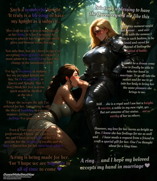 A Knight and a Queen. The Sword and the Crown. Both with feelings for one another and both moving on to act on them formally. [Female] [Futanari] [Royalty] [Knight] [Oral sex] [Marriage] [Inner thought] [Ai art] Generated by [IGuessIWriteSmutNow_]