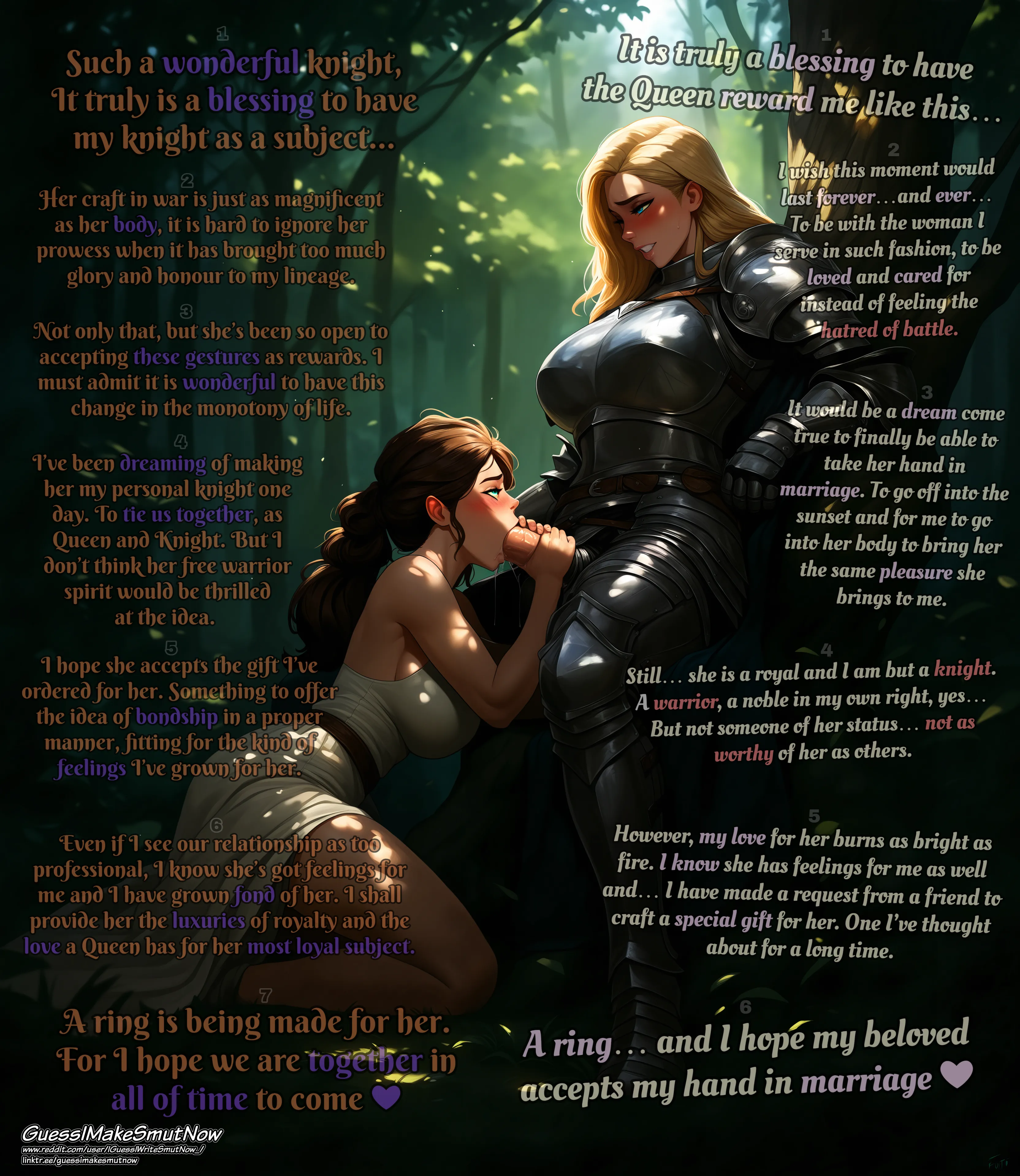 A Knight and a Queen. The Sword and the Crown. Both with feelings for one another and both moving on to act on them formally. [Female] [Futanari] [Royalty] [Knight] [Oral sex] [Marriage] [Inner thought] [Ai art] Generated by [IGuessIWriteSmutNow_]