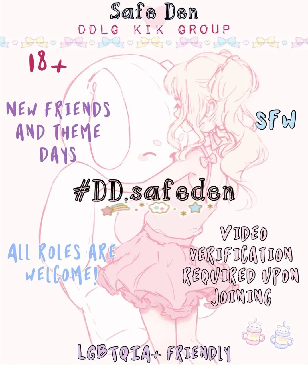 Come join a fun inclusive community!! We welcome all roles in this 18+ SFW little space Kik group! #dd.safeden