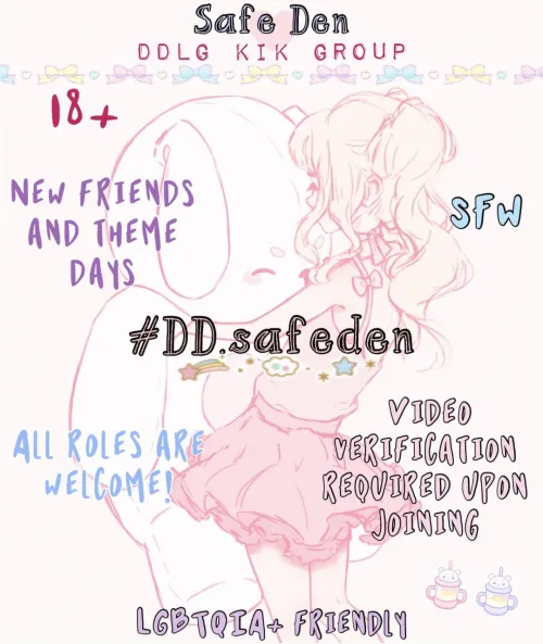 Come join a fun inclusive community!! We welcome all roles in this 18+ SFW little space Kik group! #dd.safeden