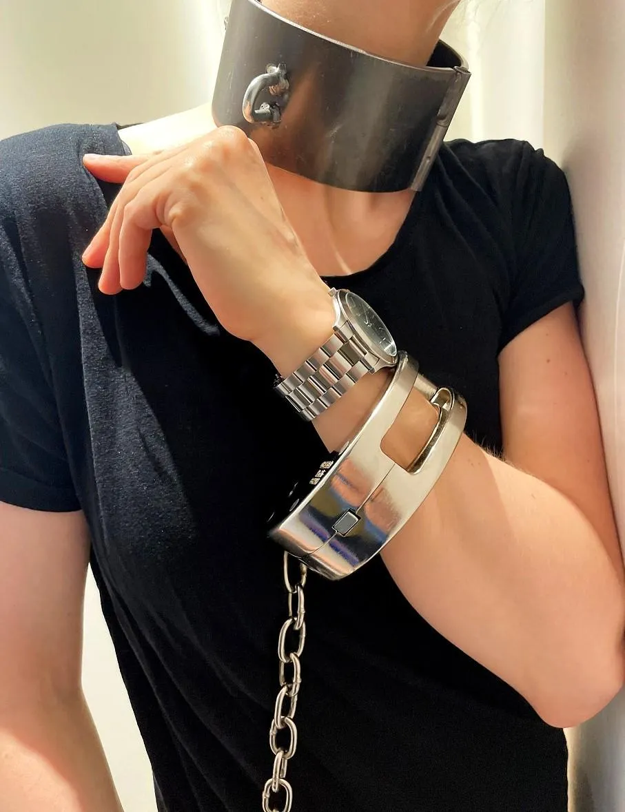 I love my new heavy collar and long-chain Clejuso 15 cuffs! Beginning to have trouble finding room for all my metal bondage gear...