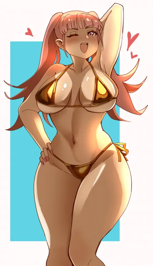 Hilda putting on a golden bikini on her birthday [Fire Emblem] (cero)