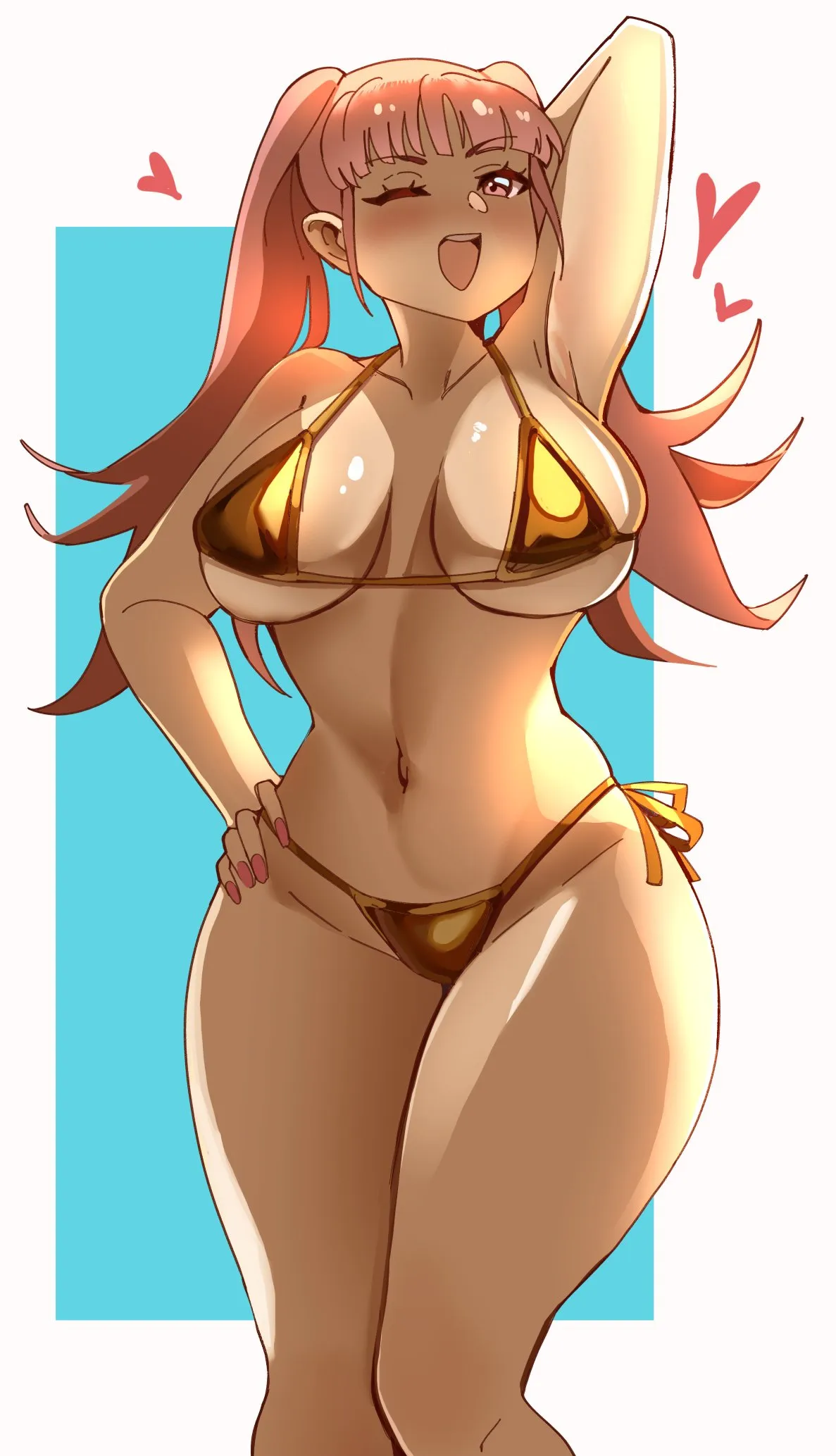 Hilda putting on a golden bikini on her birthday [Fire Emblem] (cero)