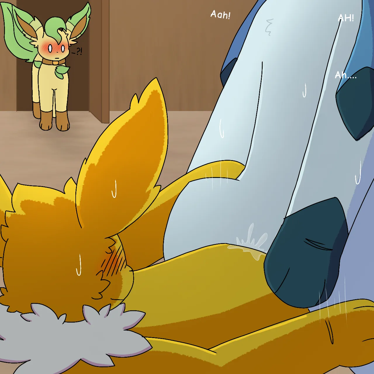 Leafeon walking in on some heated eevee making cowgirl position action between jolteon and glaceon [M/F] (leafy green)
