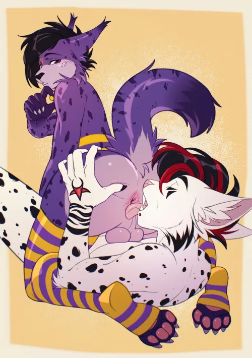 Cats know how to work that tongue on other cats (Artist is Kyabetsu)