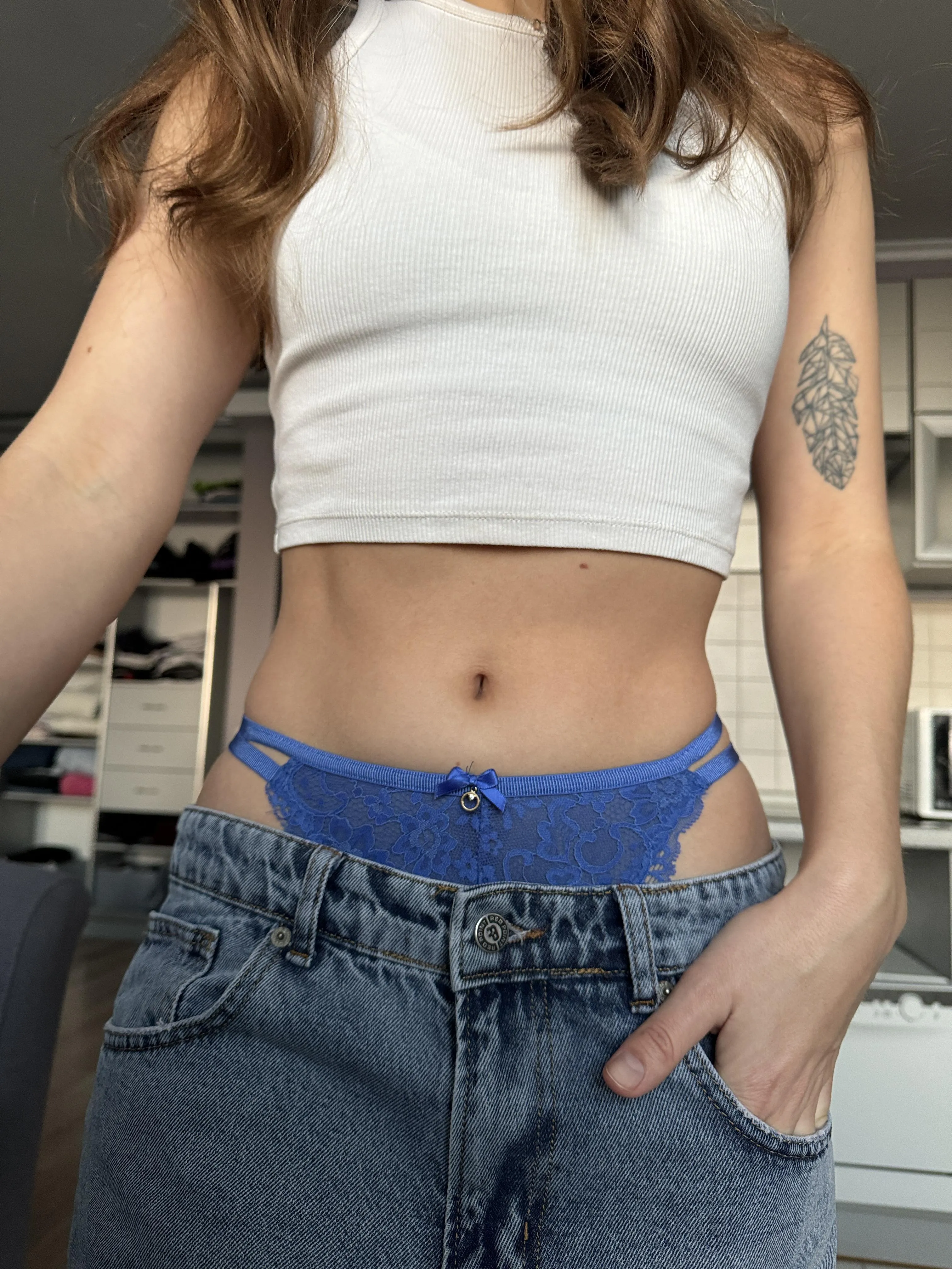 Low cut emphasizes the waistline