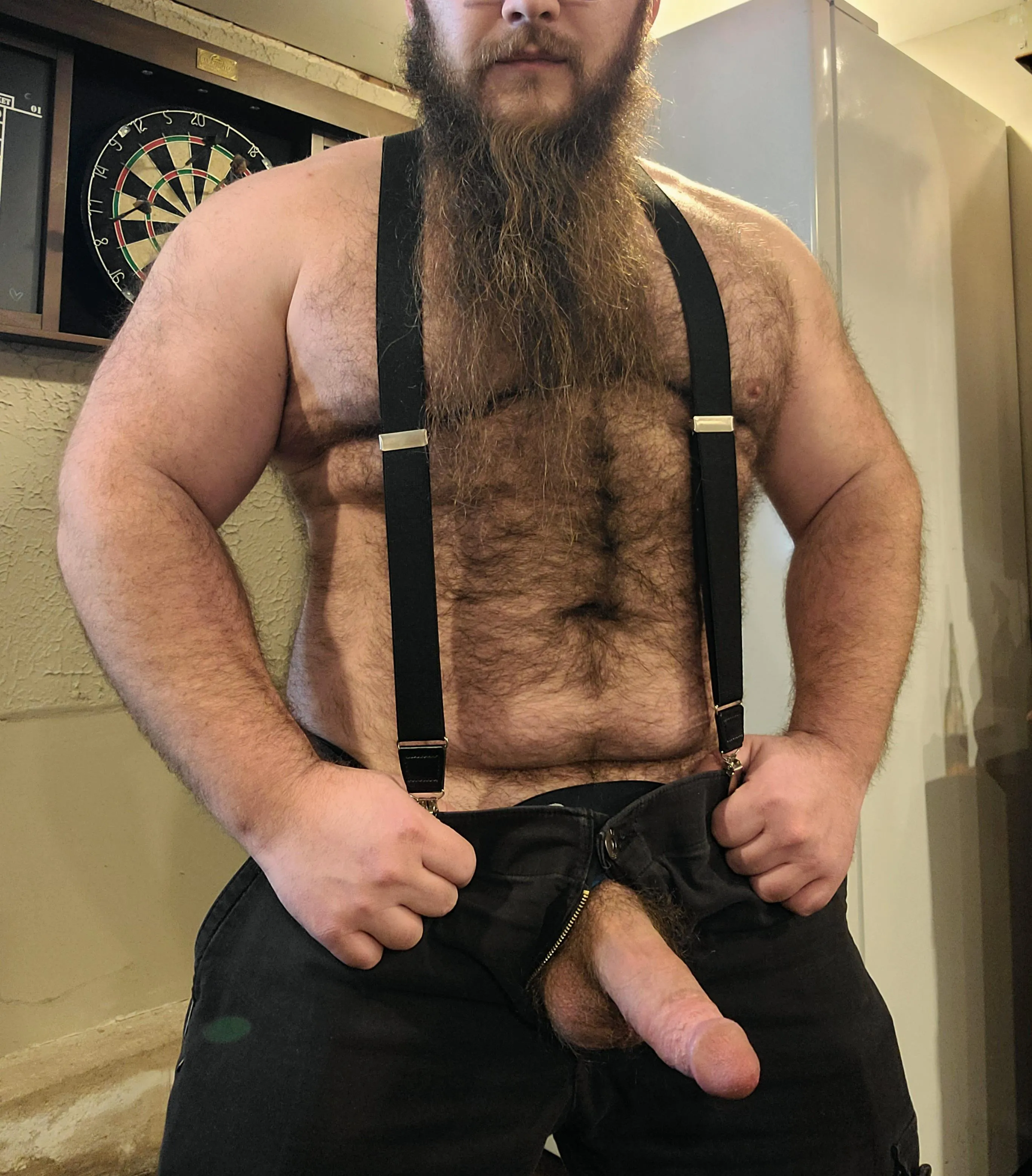 Hairy chest and suspenders are a good combo