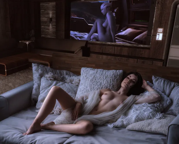 Miranda dozing off after rubbing it to Asari porn. (Rastifan)