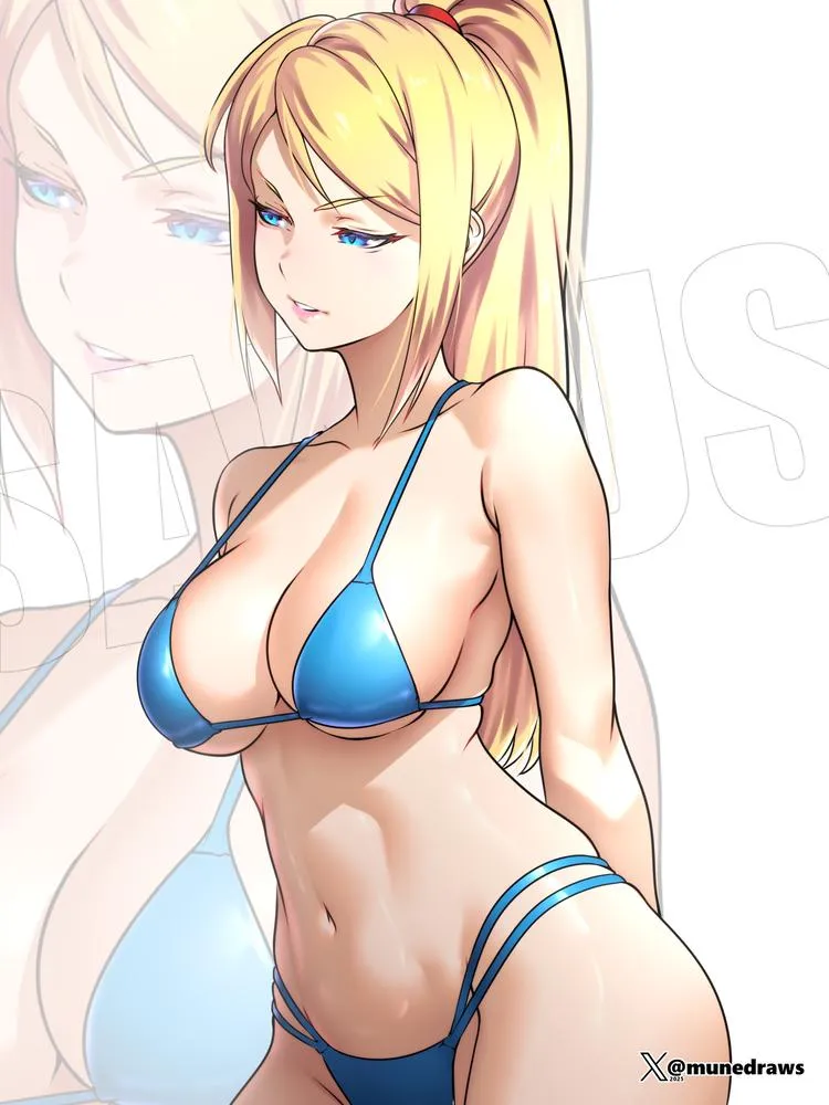 Samus Aran blue bikini artwork by (MuneDraws)