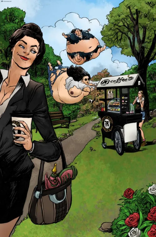 They've Had So Much Coffee, They're Floating (BE, body expansion, inflation, floating, clothes ripping)