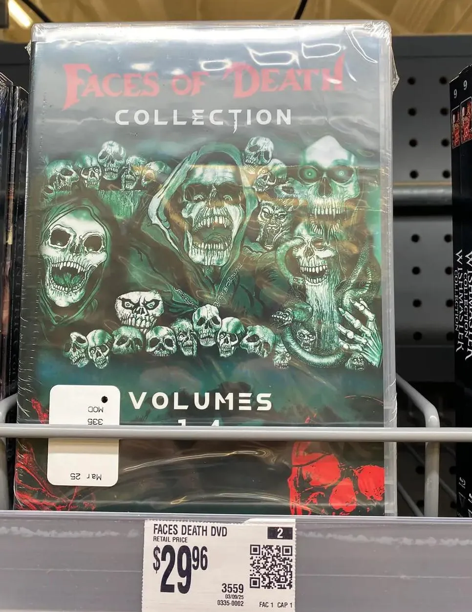Walmart has quietly rolled out a Faces of Death DVD set. Seems they have loosened up quite a bit, considering their history of not even allowing the sale of CDs with cuss words.