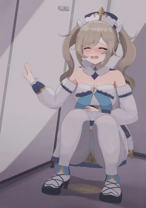 genshin impact barbara have a accident in front of the bathroom stall
