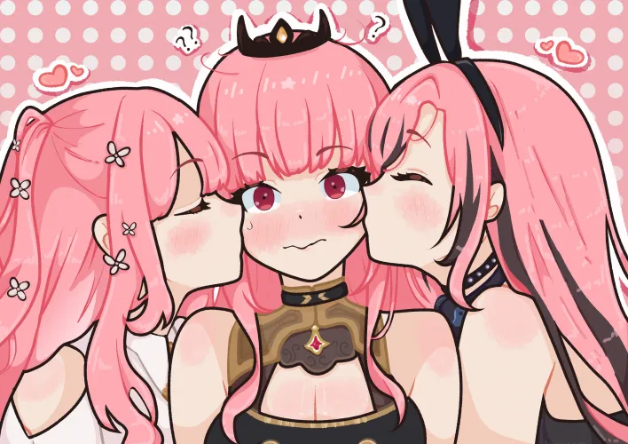 You had woken up in a new place and were confused. As you tried to get a grip on your surroundings Mori Calliope started kissing you on the cheek. It was confusing but then you felt another kiss on your other cheek. A tingling sensation on your chest as 