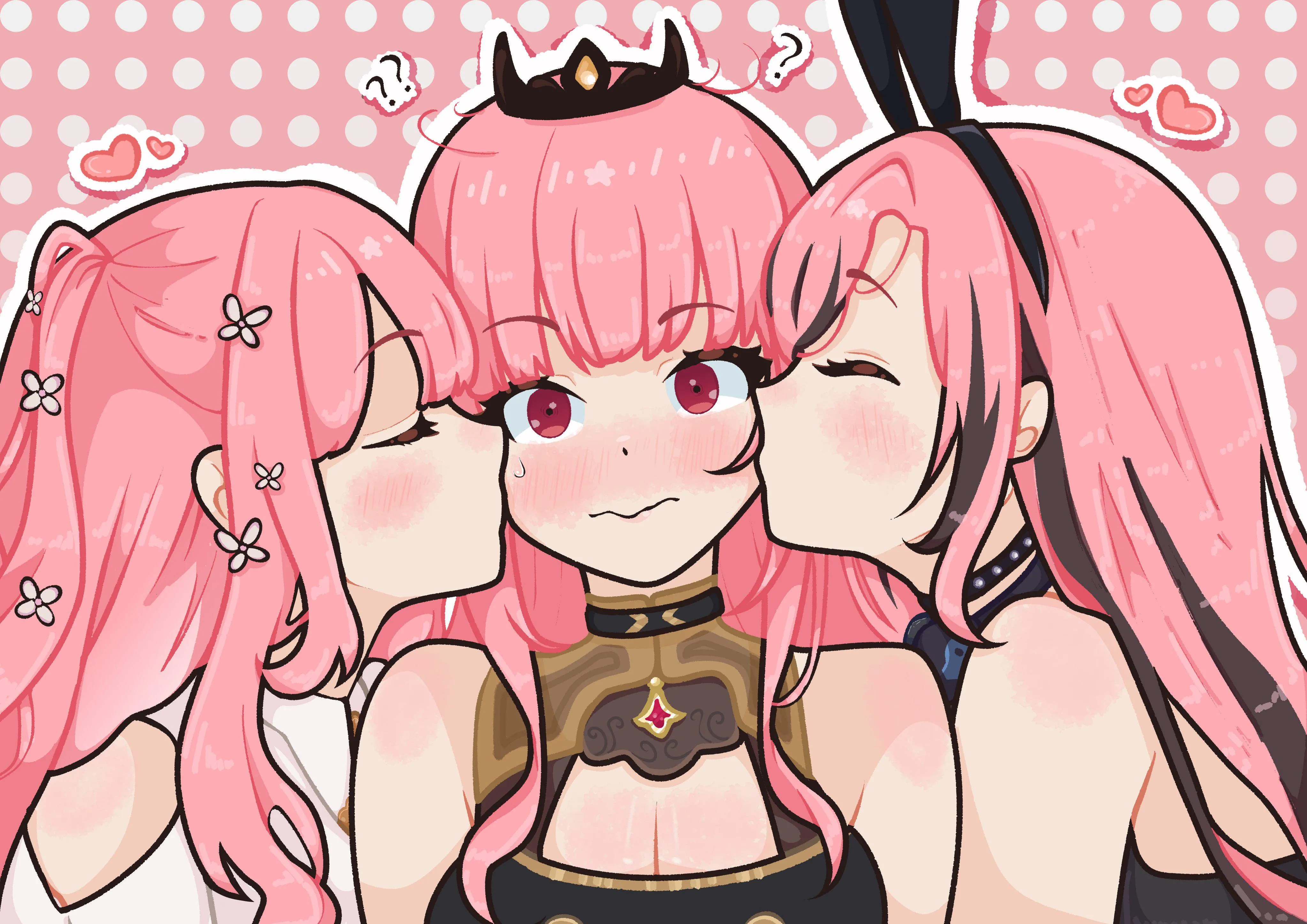 You had woken up in a new place and were confused. As you tried to get a grip on your surroundings Mori Calliope started kissing you on the cheek. It was confusing but then you felt another kiss on your other cheek. A tingling sensation on your chest as 