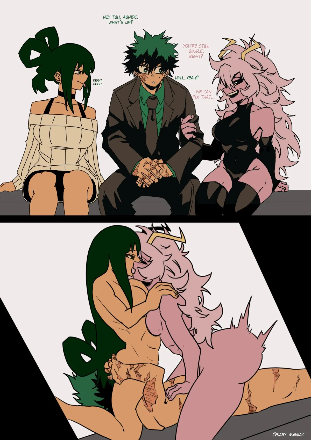 (M4F) Years later the UA class reunites for a reunion. Deku has aged like fine wine and it seems he's caught the attention of his old classmates Mina and Tsuyu, after hearing that he and Ochako never worked out the two decide to make their move on him~ 