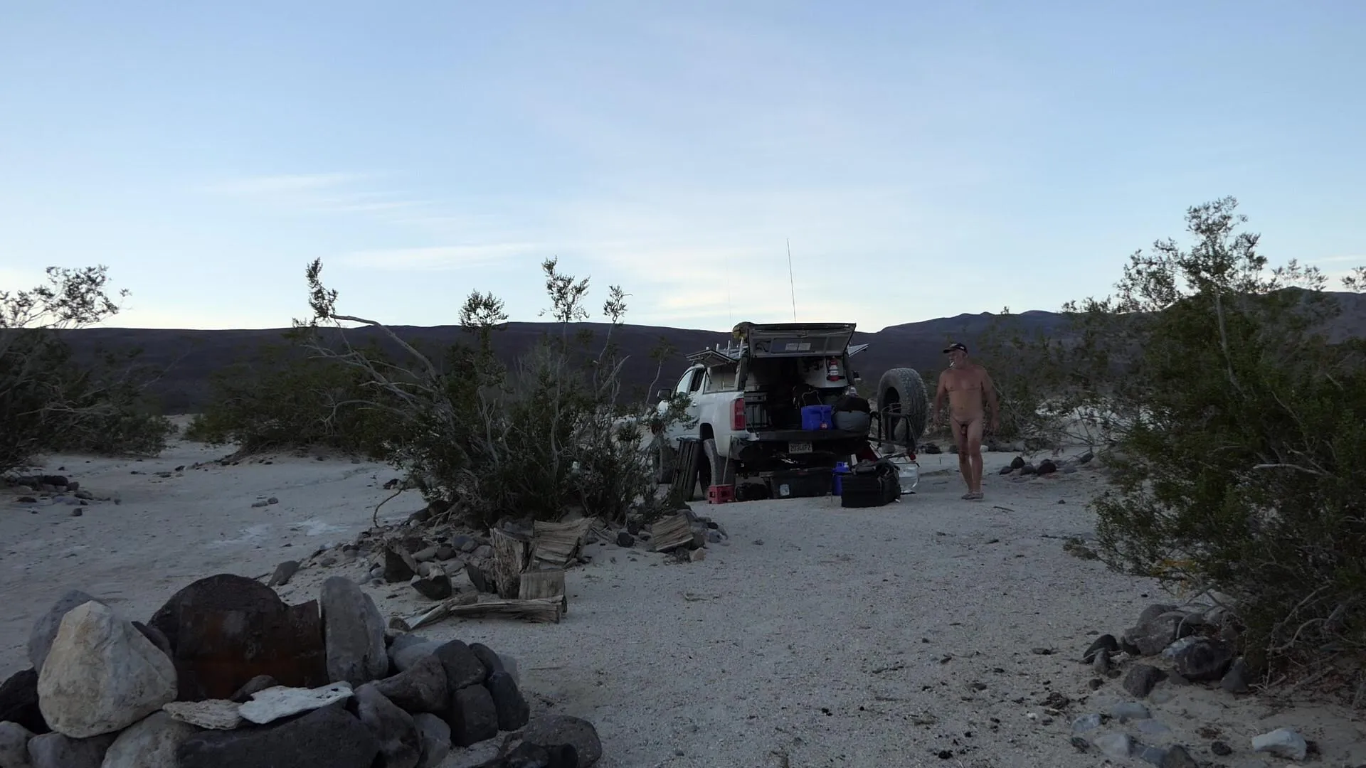 Setting up camp at Sunset in the Desert