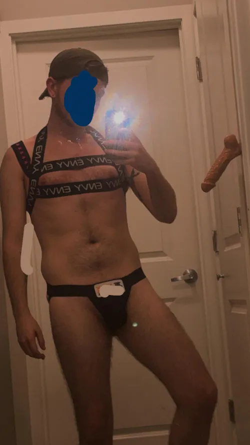 Trying on a harness and jockstrap for the first time after losing 80LBS. Thoughts?