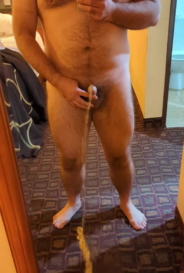 Avg cock marking a blursed hotel room mirror and carpet with horny piss