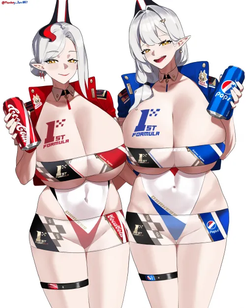 Race Queens Carmilla/Altermilla asking you which drink you want (Monkey Jon) [Fate/Grand Order]