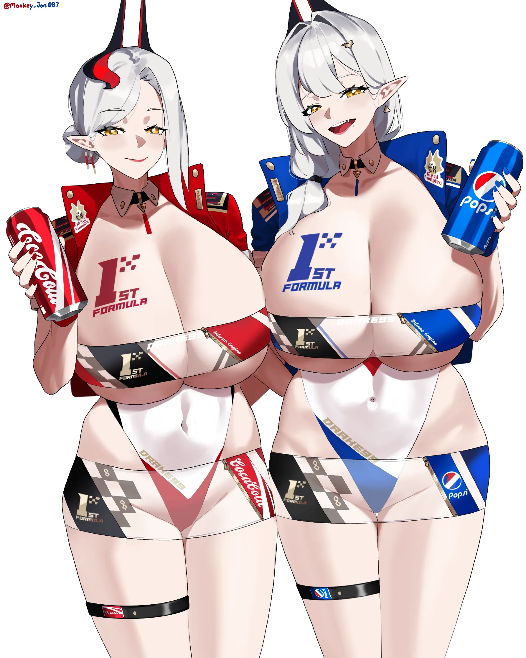 Race Queens Carmilla/Altermilla asking you which drink you want (Monkey Jon) [Fate/Grand Order]