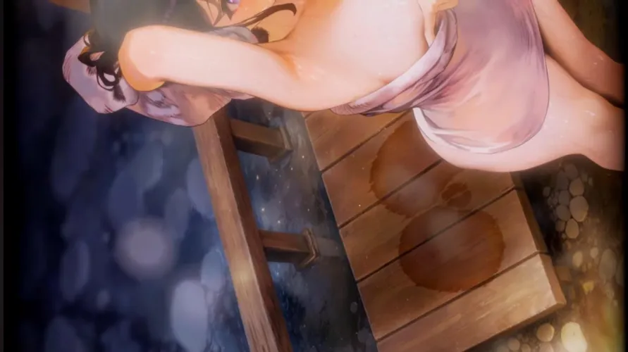 LF Color Source: 1girl, black hair, white skin, bathouse, wet towel, wood, steam, drying hair