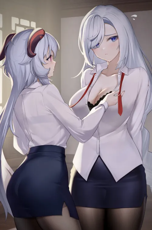 Ganyu helping Shenhe get ready for work [Genshin Impact]