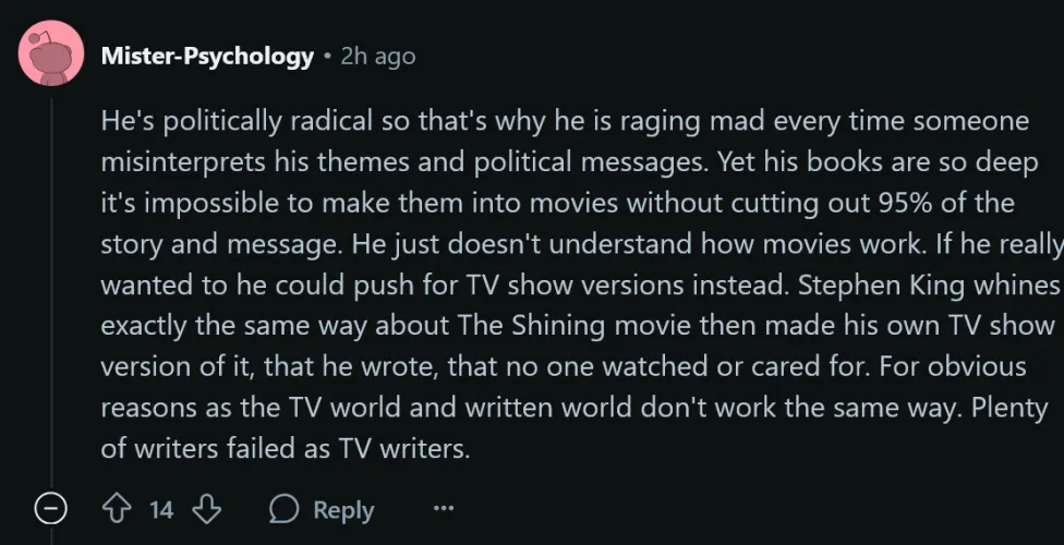 Favorite books that are too complex for the big screen? He's talking about Alan Moore btw