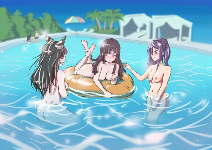 Ibuki and Mikan with their new friend (Jill Stingray) in the pool (boxyban)