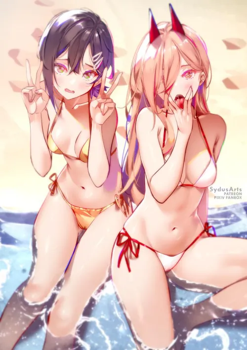 Kobeni and Power at the beach [Chainsaw Man]