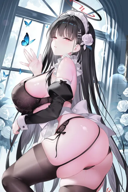 Rio in black bra and maid apron (藤蝶.) [Blue Archive]
