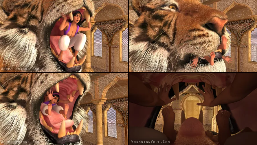 {Image} Rajah Eats 'Aladdin' (M/Tiger)(F/Human)(Soft)(Oral)(unwilling)(nsfw)(OC:WormsignVore Animations)