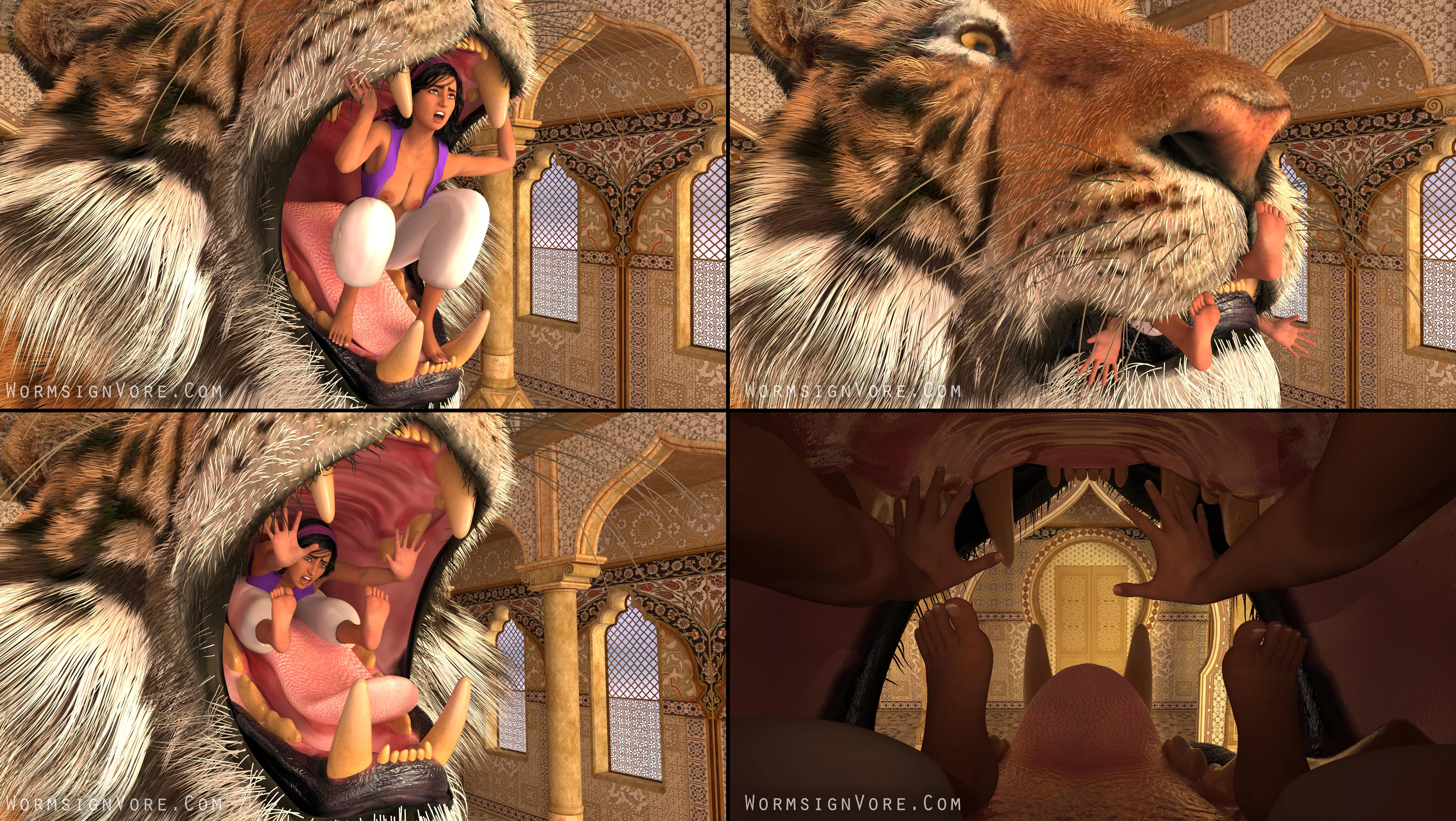 {Image} Rajah Eats 'Aladdin' (M/Tiger)(F/Human)(Soft)(Oral)(unwilling)(nsfw)(OC:WormsignVore Animations)