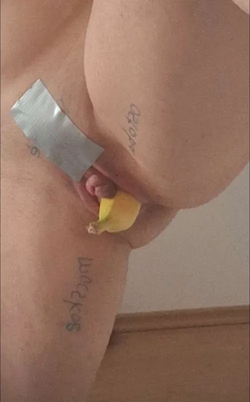 Clit tied, pussy taped to be tense, and filled with banana. Free use for everyone