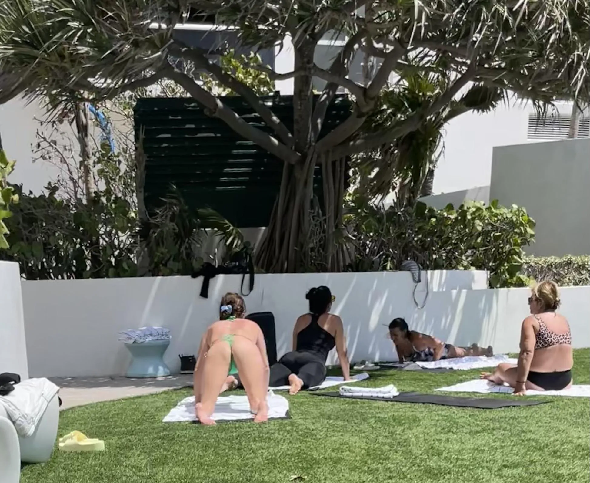 Sexy moms do public yoga in thongs