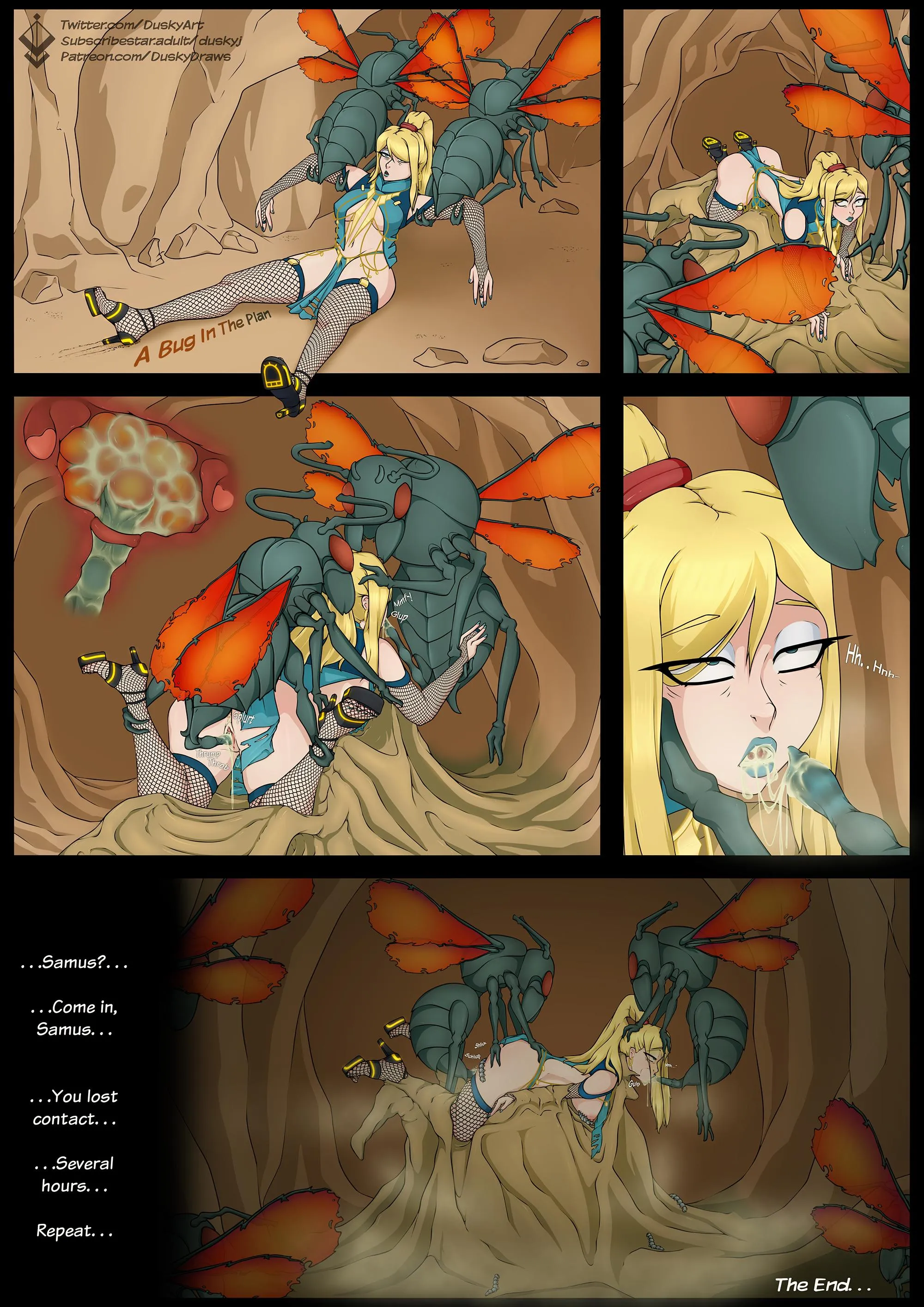 Samus plan got ruined and the alien insects brought her inside the nest to reproduce and lay eggs inside her womb, not just her virginity got stolen by them, her freedom got sealed inside the nest forever (Duskyart)