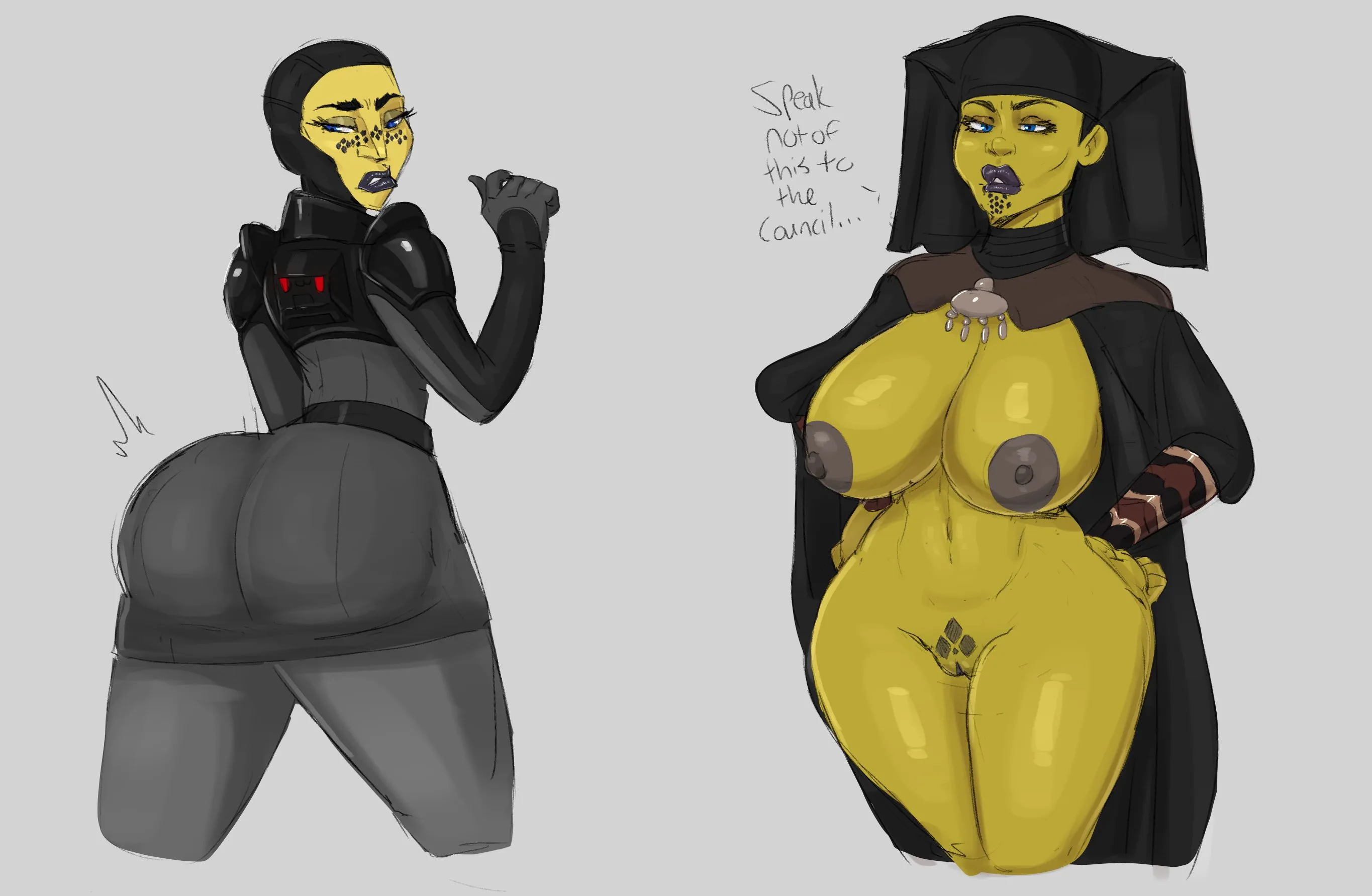 Inquisitor Barriss and a Luminara sketch (@GuillyNSFW)