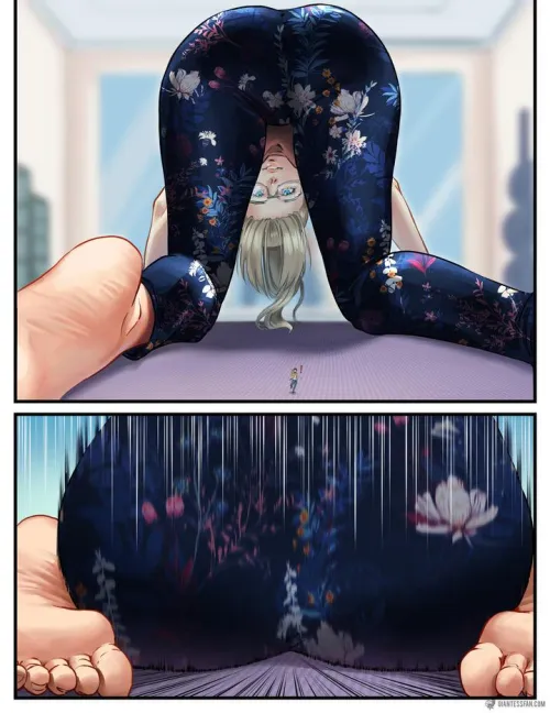 Now THAT'S Hot Yoga (shrunken man, crush, booty, big butt, giantess, unaware)