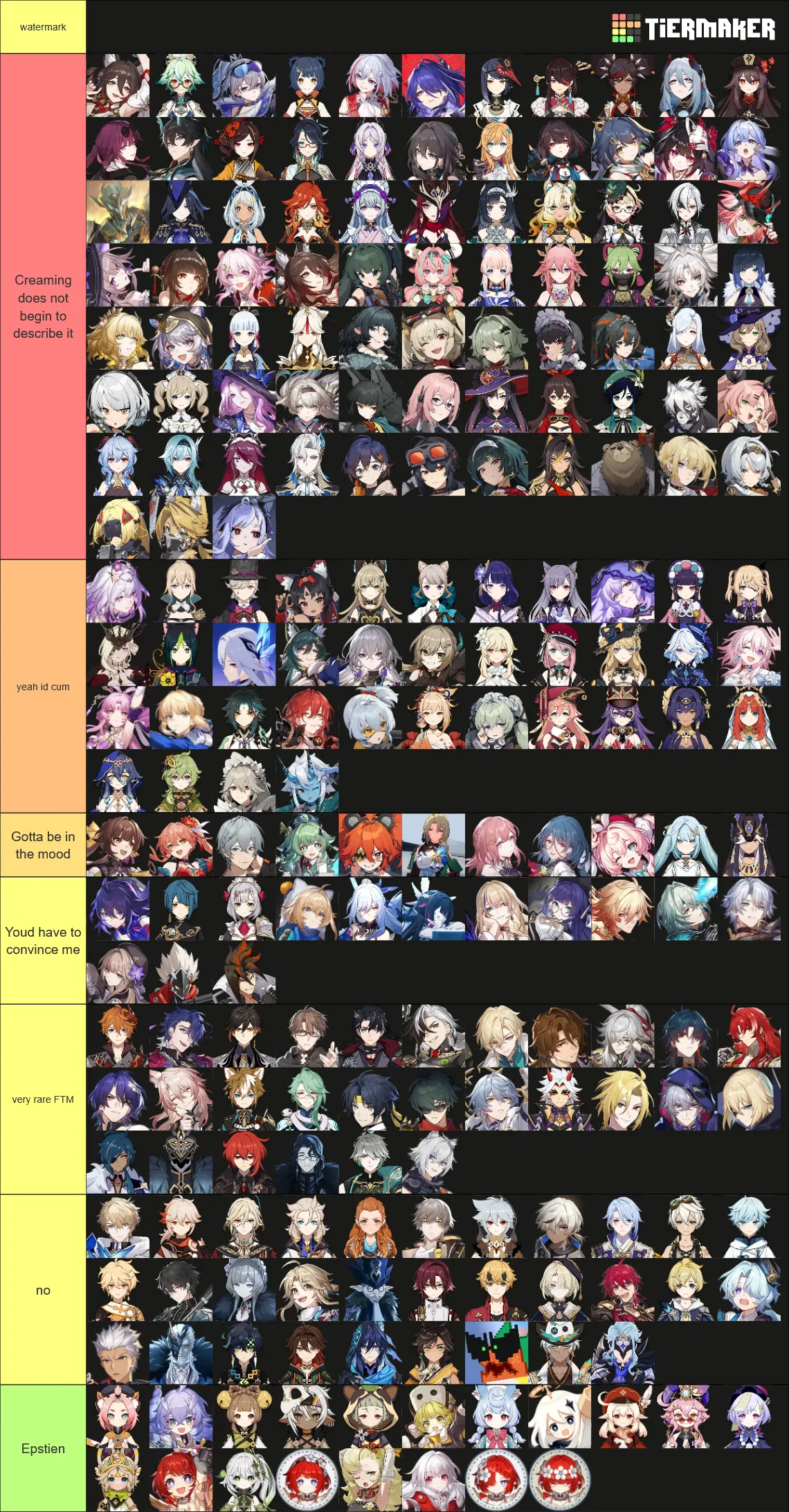 I have a tier list of (mostly) hoyo girls I would enjoy doing tfs with, and anyone from the orange tier up I would LOVE to do rps with. Could be tfing me, tfing you, or both. All I wanna do is to do tfs with hoyo girls. Feel free to hmu!