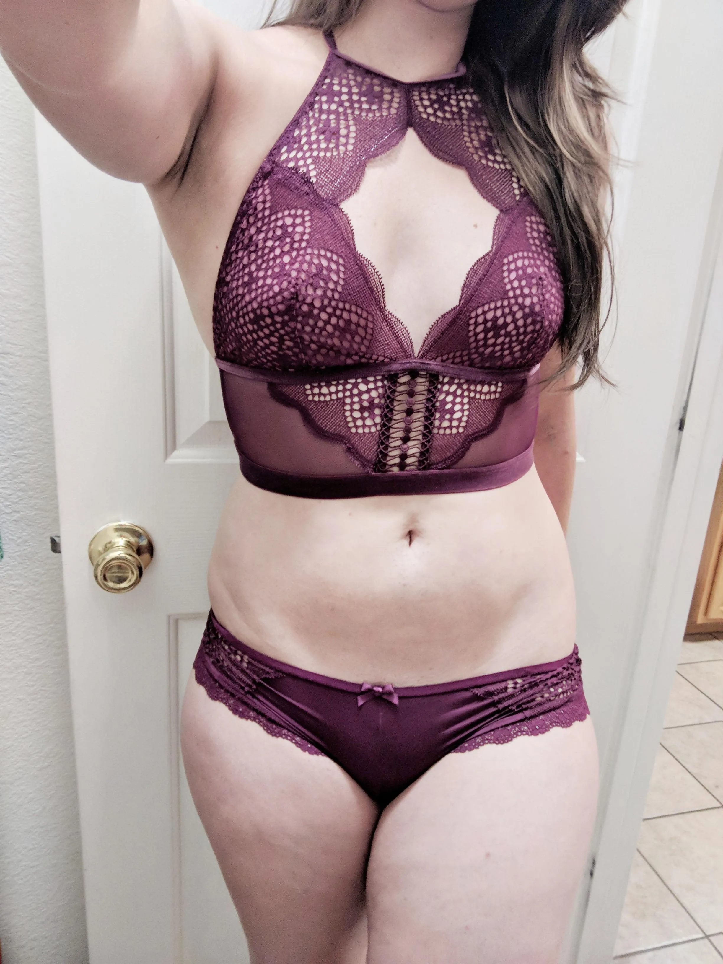 Wearing my new matching lingerie around the house today with all the windows wide open