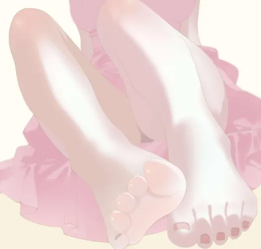 OC perfect feet of girl in a cute pink dress