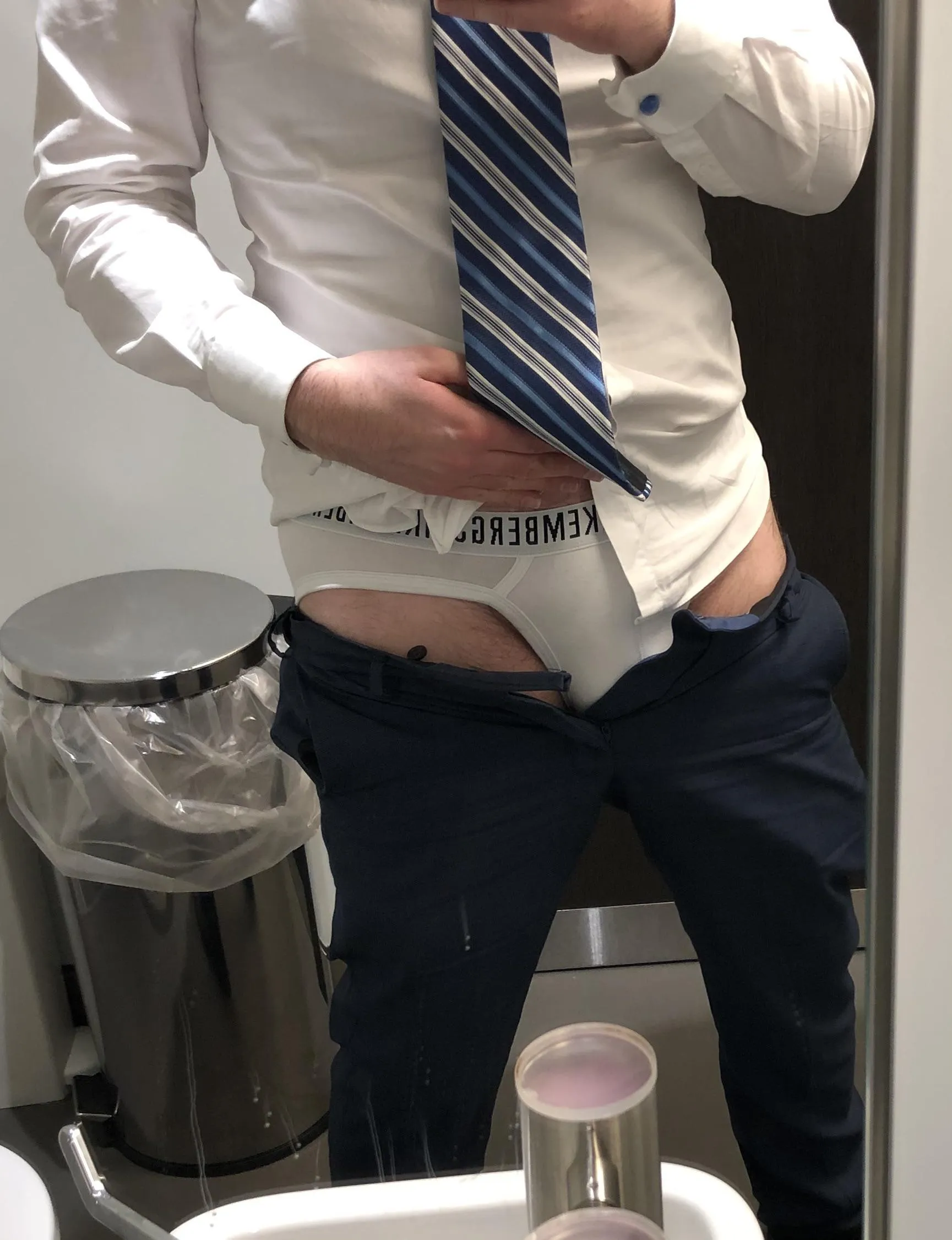 White briefs under the suit today.