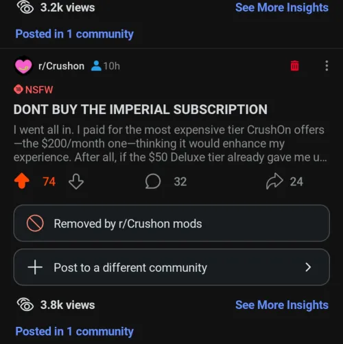 CrushOn mods removed my #1 post after it hit 3.8K views-this is what silence looks like