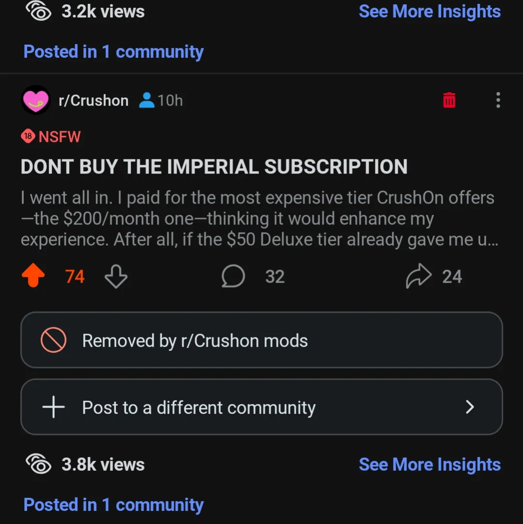 CrushOn mods removed my #1 post after it hit 3.8K views-this is what silence looks like