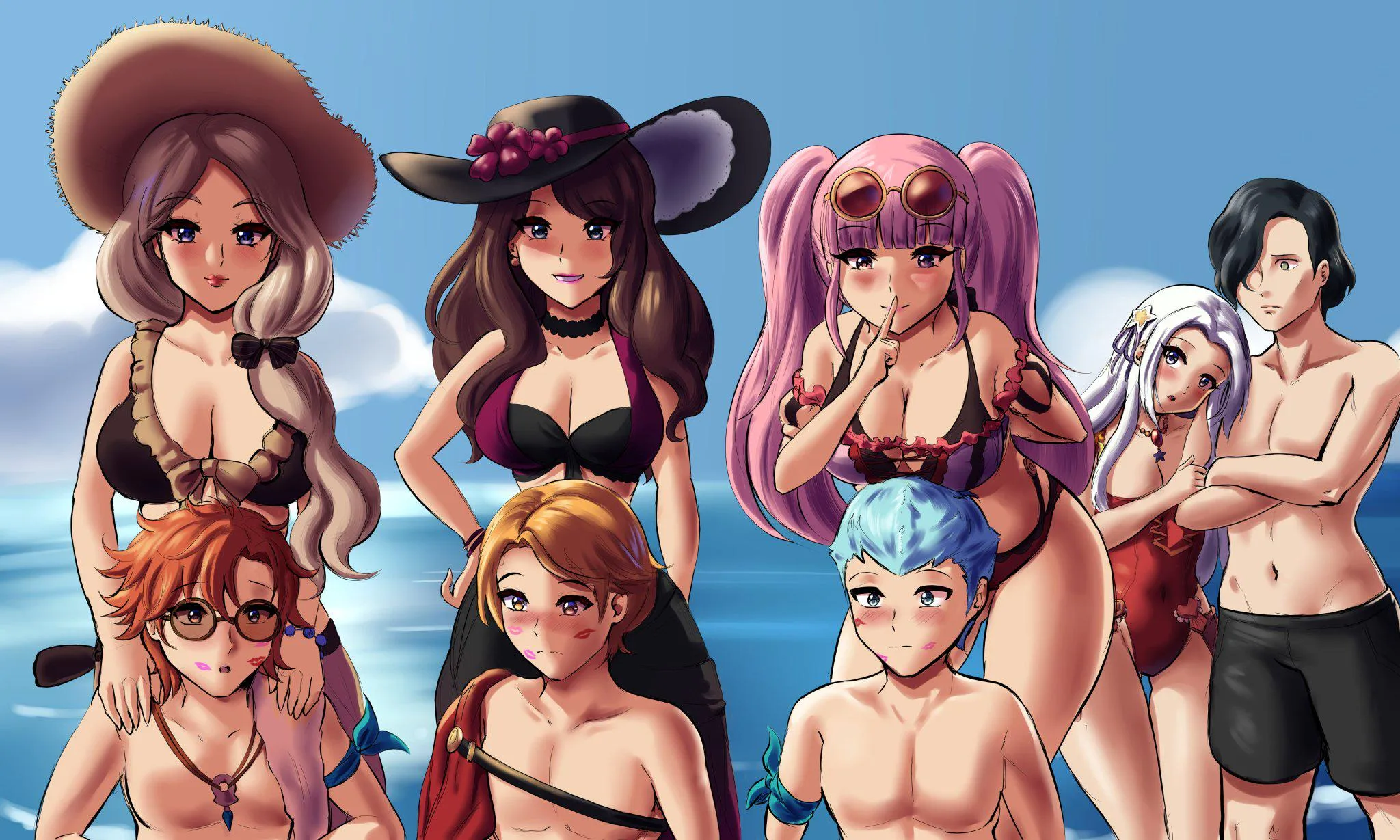 Dorothea, Mercedes and Hilda taking Ferdinand, Sylvain and Caspar to the beach! With some Edelgard and Hubert to the side. (leonart)