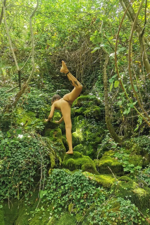Forest yoga on a mossy rocks