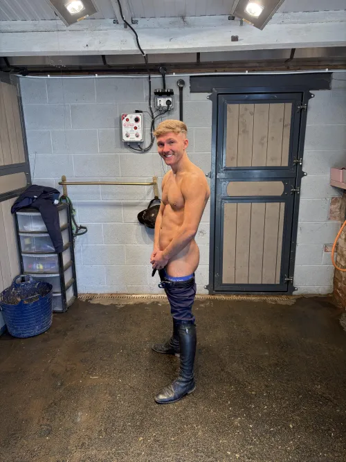 Trousers down, boots on, come ride