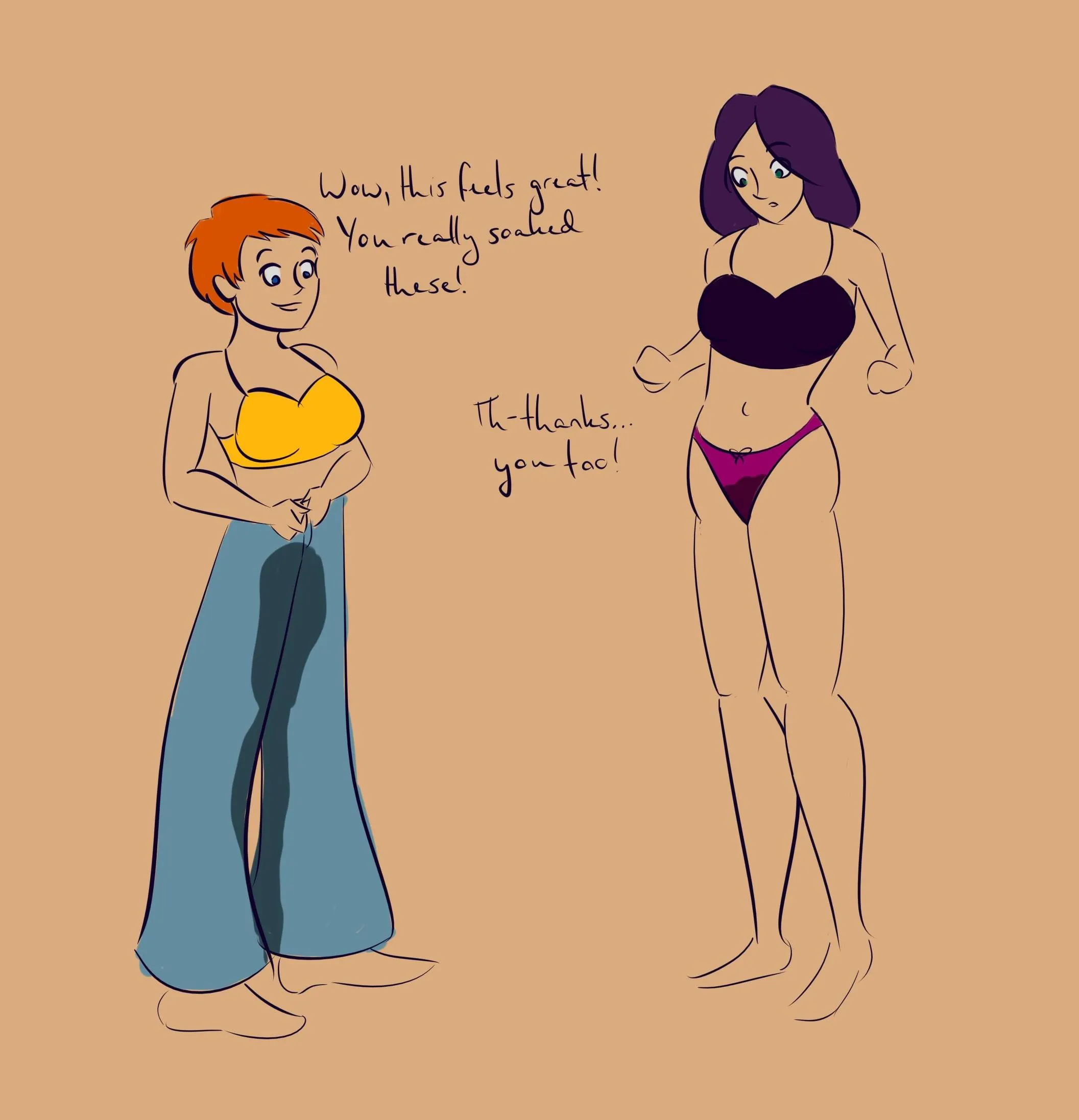 wearing each other's wet clothes