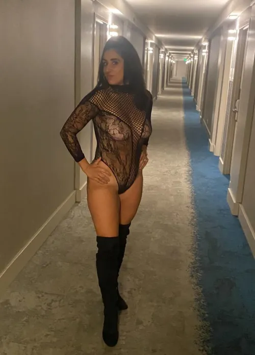 Fishnet Friday, Headed out for the night wearing just this. The Holiday Inn doesn’t have a policy about strolling the hallways in Sexy Attire.