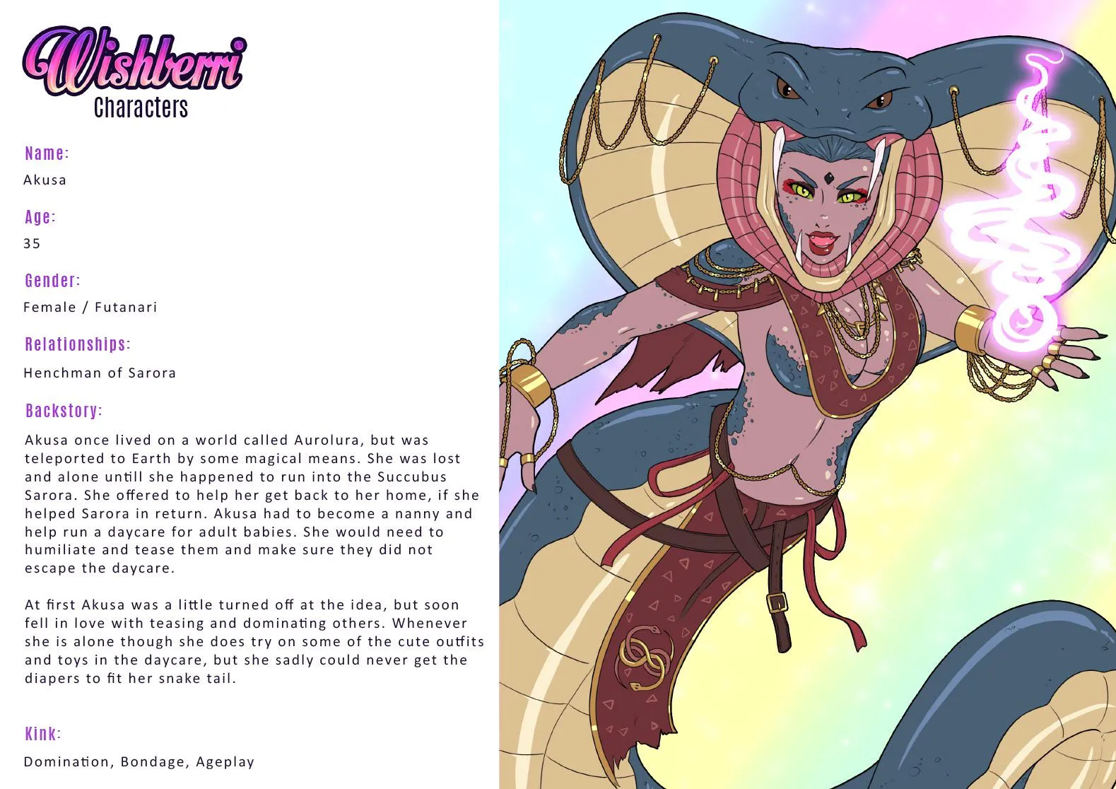 (Art by Wishberri) monster mommy Akusa character sheet.